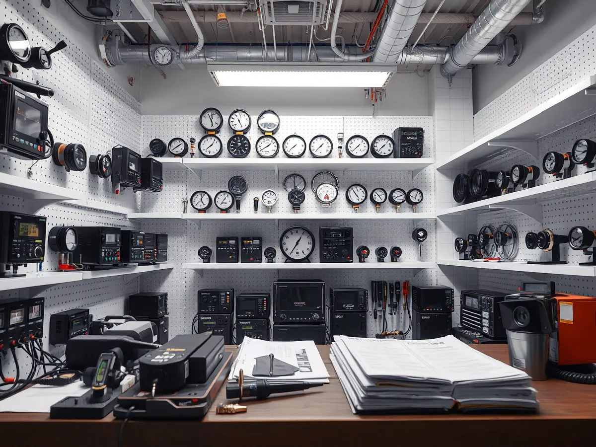 科炜仪器仪表展示区，温度控制器与压力仪表整齐陈列